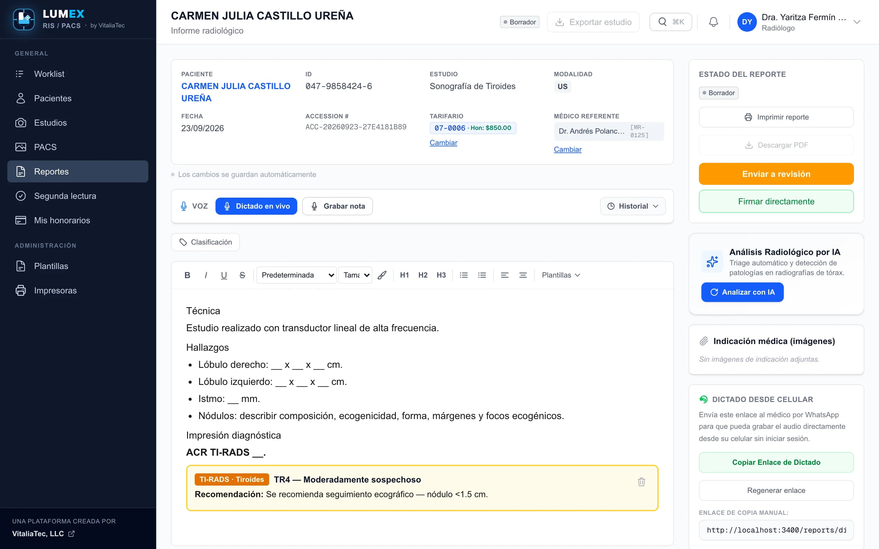 Calculadora TI-RADS en el informe