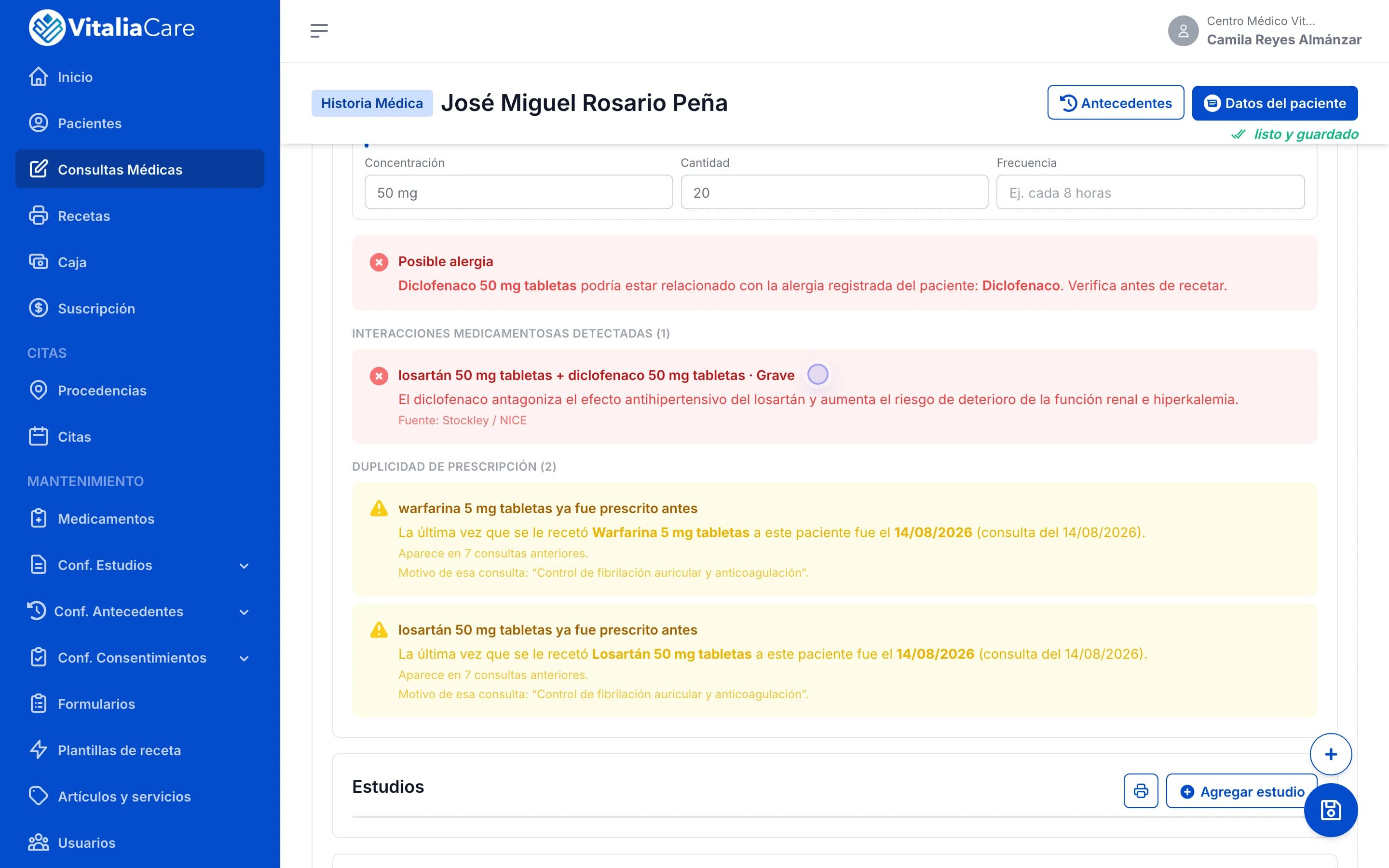Alertas de alergia e interacción en la receta